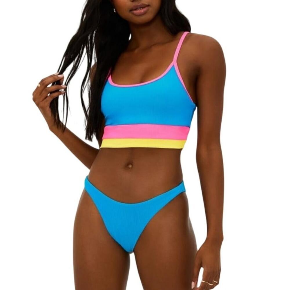 Beach Riot Kailyn Cheeky Bikini Bottom Blue Size Large Coral Reef Colorblock Rib